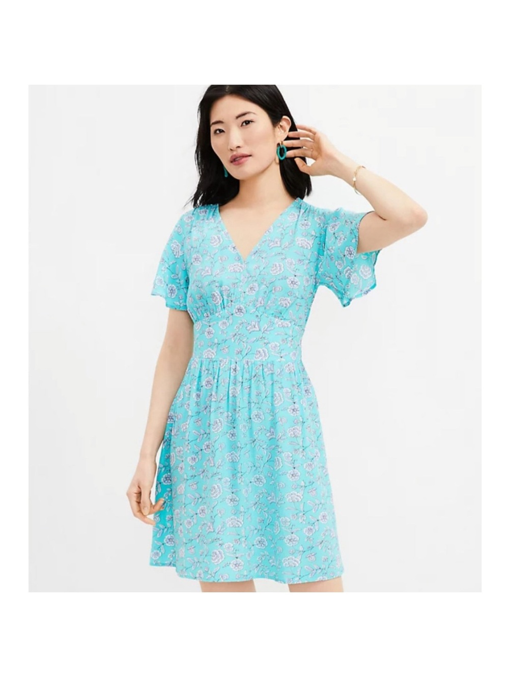 Women’s LOFT Boho Floral V-Neck Short Sleeve Dress - Picture 2 of 6